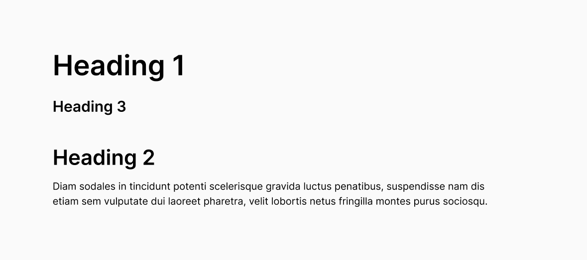 Incorrect page layout not respecting text hierarchy; Heading 1, followed by Heading 3, followed by Heading 2 with small copy text.